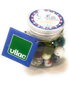 Display of 12 jar of 50 assorted marbles 